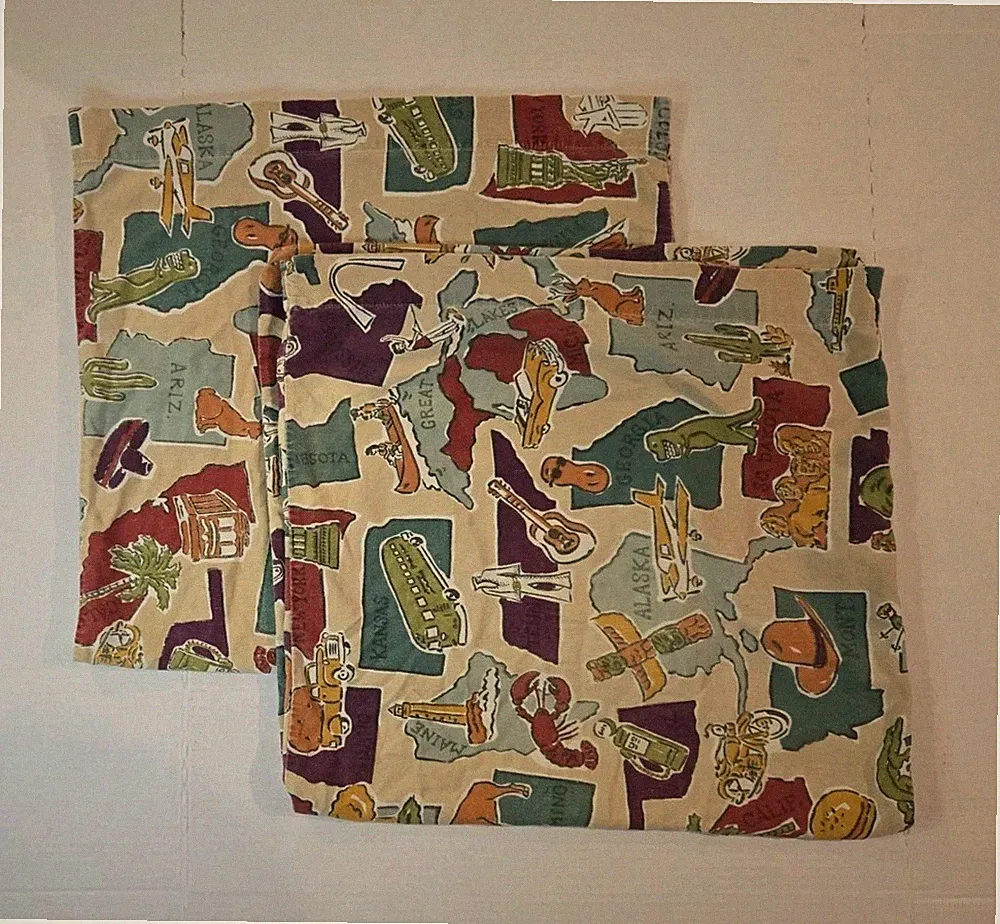 2 Vintage Eddie Bauer King Size Pillowcases USA States Fabric By Schweri-Asbury