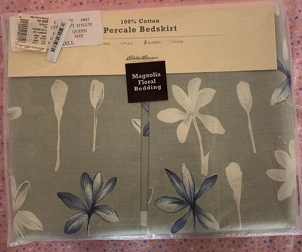 Eddie Bauer Bed Skirt QUEEN Tailored Sage Dust Magnolia Floral Dill classy