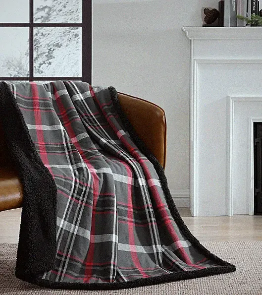 Eddie Bauer Cotton Flannel/Shearling Reverse Throw Blanket - Winslow Grey/Red