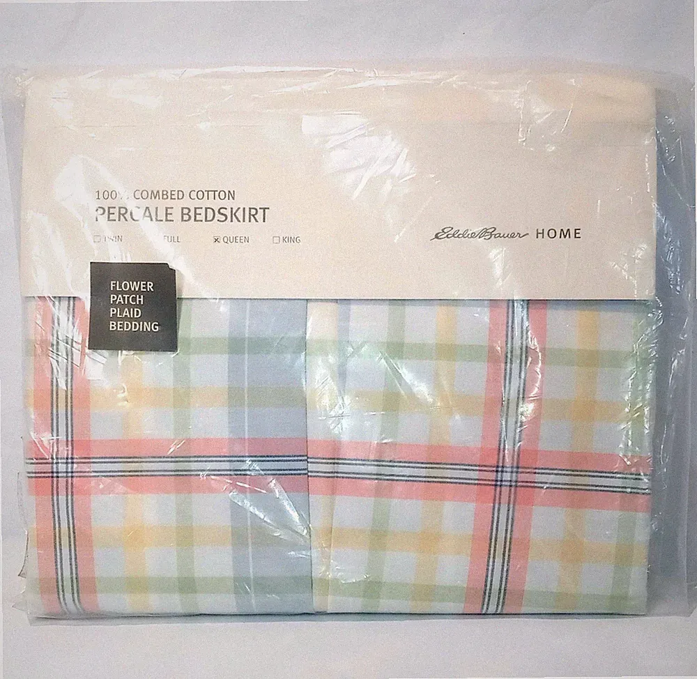Eddie Bauer Home Queen Cotton Bed Skirt Flower Patch Plaid 15" Drop Portugal New