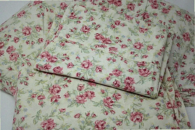 Eddie Bauer Home Twin Sheet Set With Matching Bed Skirt Tan w/Pink Roses Florals