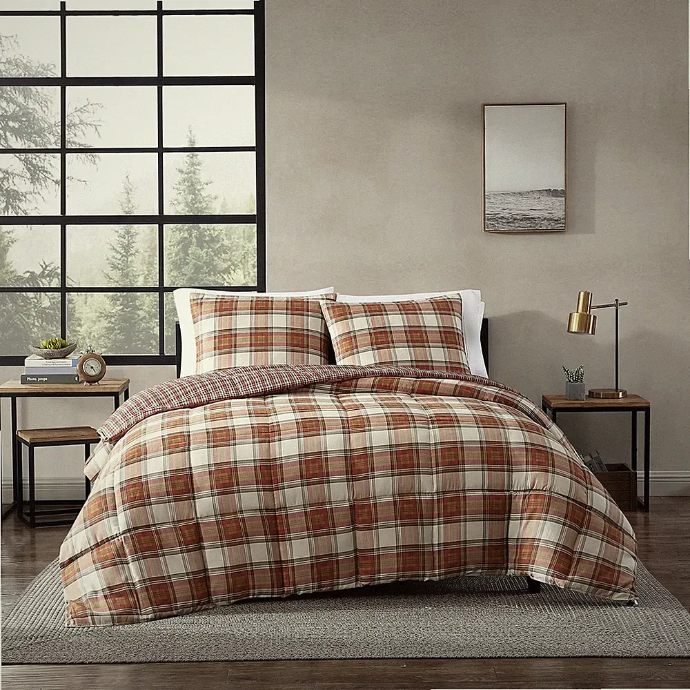 Eddie Bauer King Comforter Set Reversible Alt Down Bedding Red Beige
