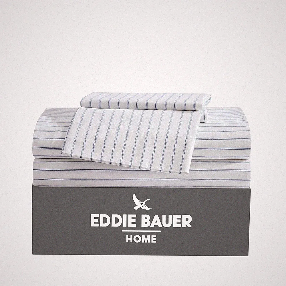 Eddie Bauer - King Sheets, Cotton Percale King, Essential Stripe White