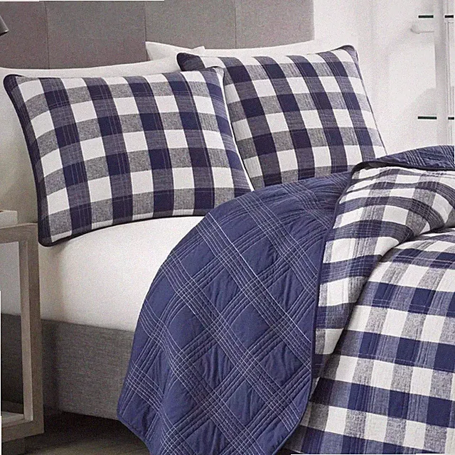 Eddie Bauer Lakehouse Plaid Check Navy Blue & White Cotton TWIN Quilt SET