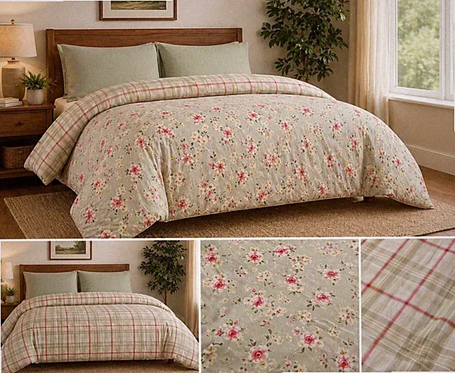 Eddie Bauer Queen Duvet Cover Reversible Floral Cottagecore Plaid Green Pink