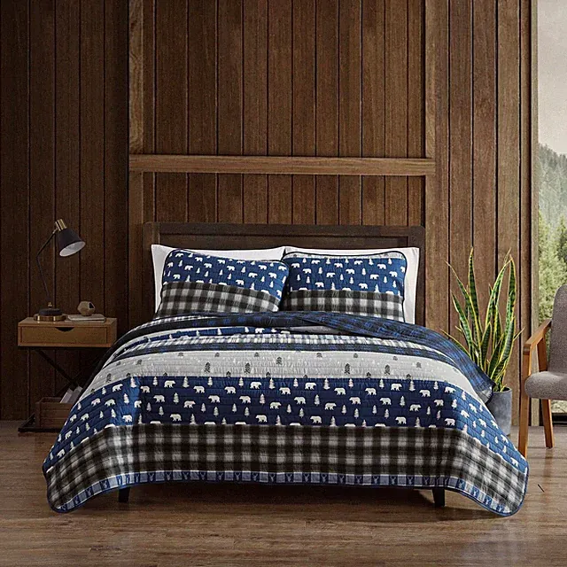 Eddie Bauer Queen Quilt Set Reversible Cotton Bedding Blue Creek Plaid