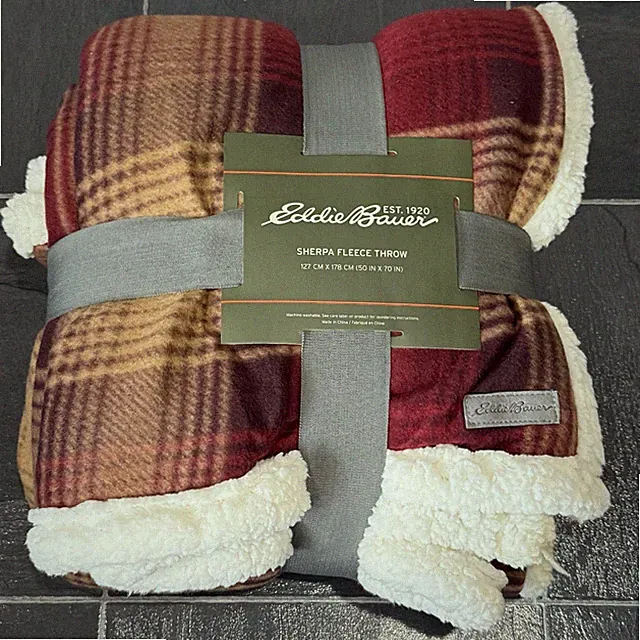 Eddie Bauer Sherpa Brushed Fleece Throw Blanket Red Orange Nordic Plaid 50x70”