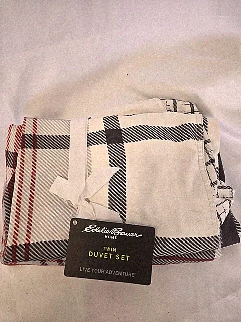 #= Eddie Bauer Twin Suede Duvet Cover & Sham Set Textured Normandy Plaid Blk Red