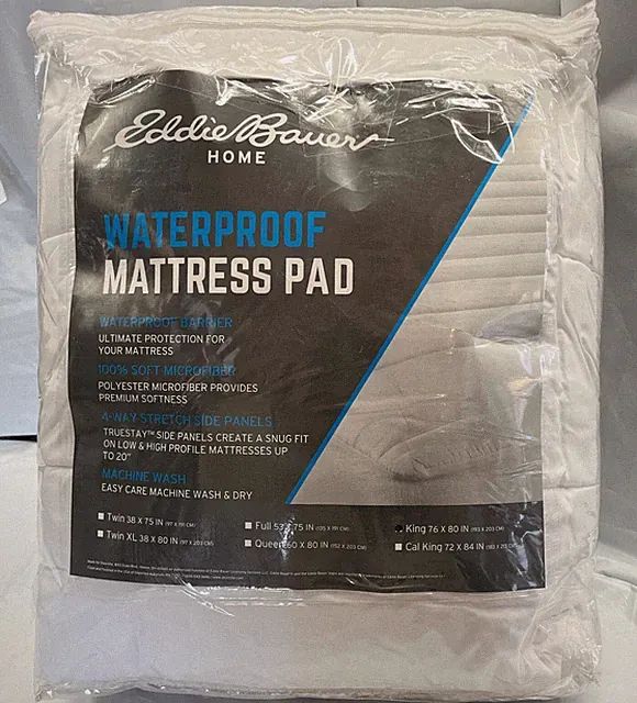 Eddie Bauer Waterproof Mattress Pad, Microfiber, King Size, White, New