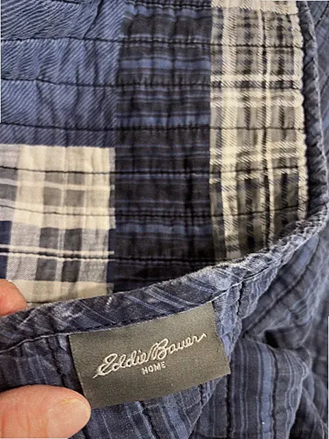 Full/Double Eddie Bauer Eastmont patchwork plaid quilt in shades of deep blue.