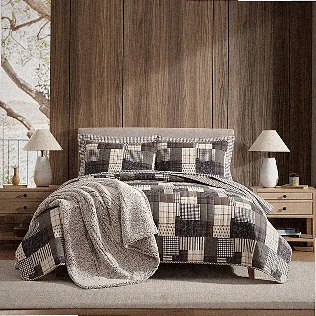 King Quilt Set 3 Piece Cotton Bedding Reversible Antique Brown Eddie Bauer Soft