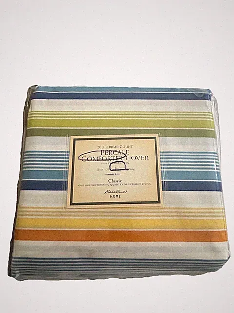 NWT Eddie Bauer 200 Thread Percale Queen Comforter Cover Striped 100% Cotton