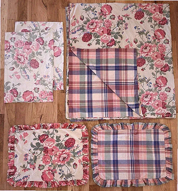 Vintage Eddie Bauer Reversible Queen Duvet Floral Plaid Pillow Cases Shams Set